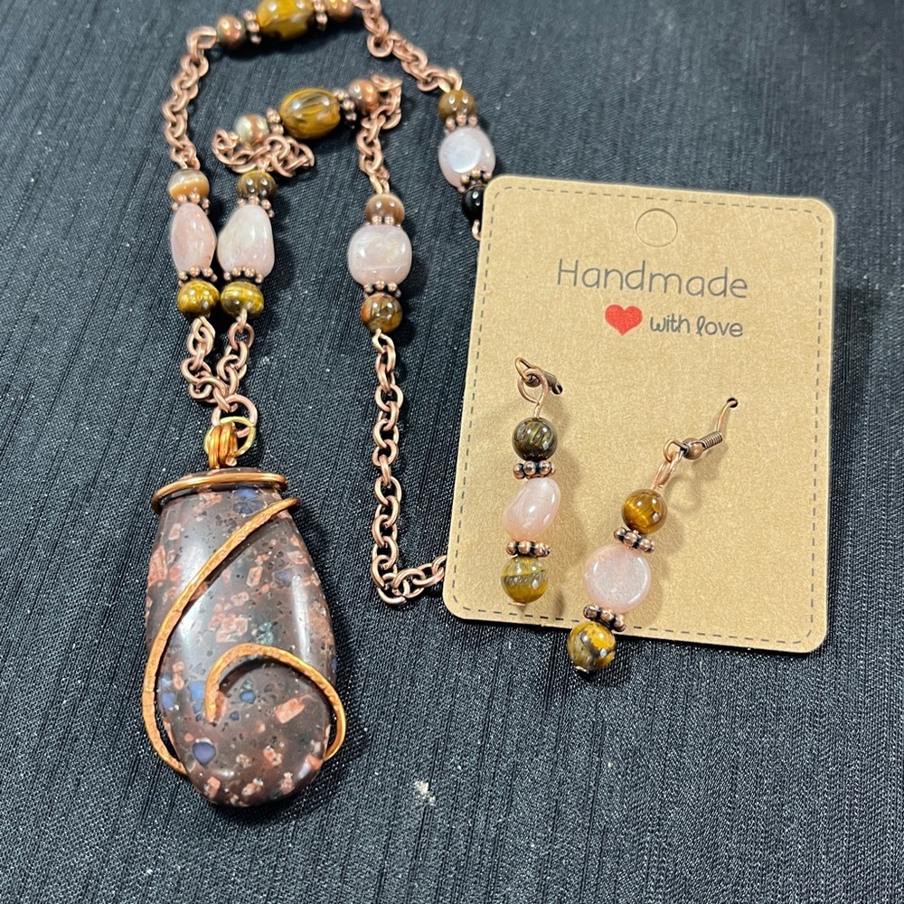 Handmade Rhyolite Moonstone Tigers Eye Necklace Pendant Earrings 21 inches
